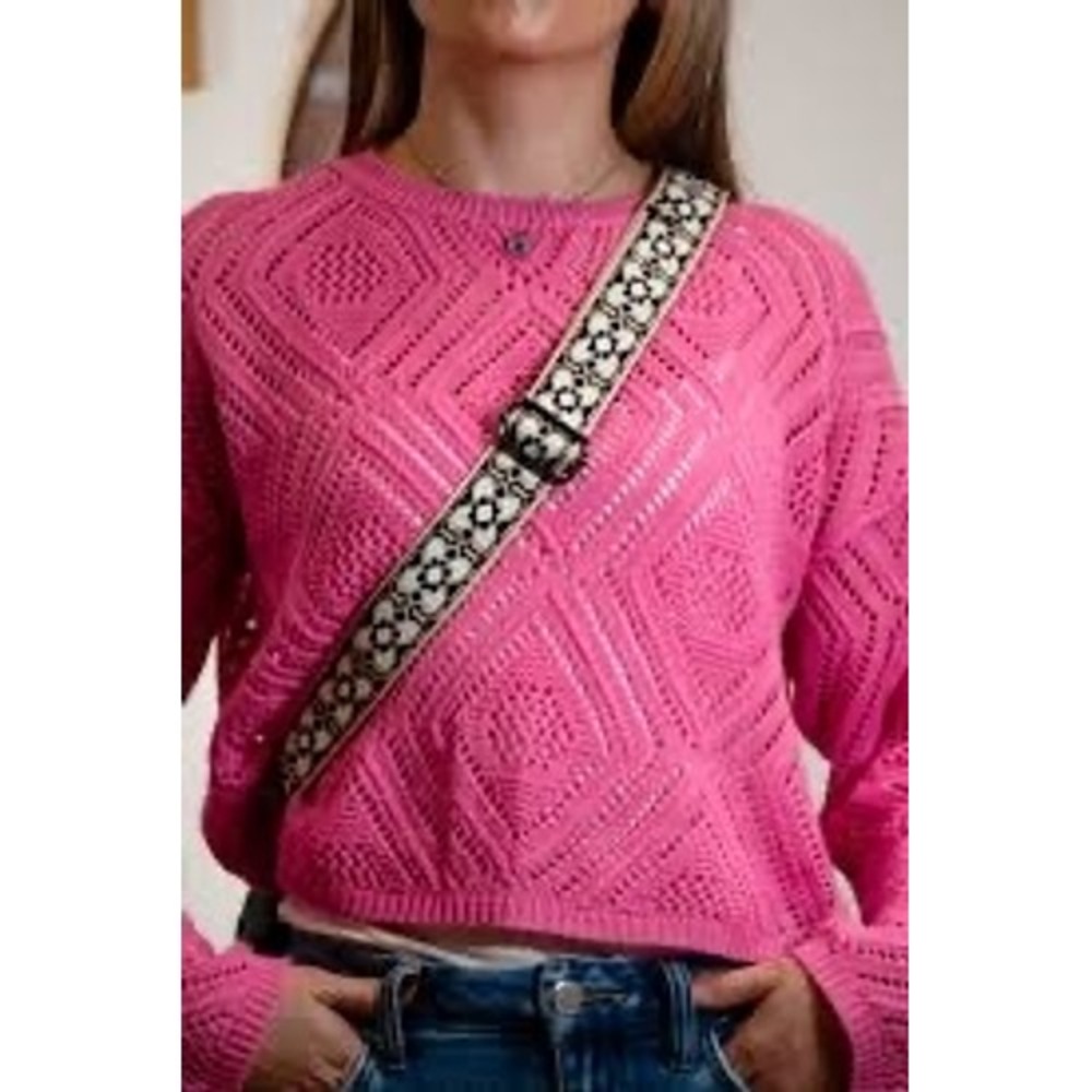 THML Women Hot Pink Pointelle Diamond Open Knit Crewneck Sweater XS TMK1817-PK